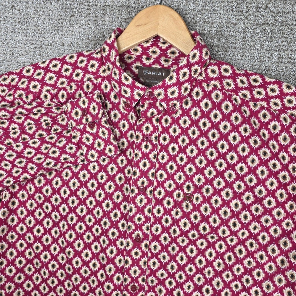 Ariat Mens Large Tall Red Geometric Aztec Print Button Down Western Shirt L-T